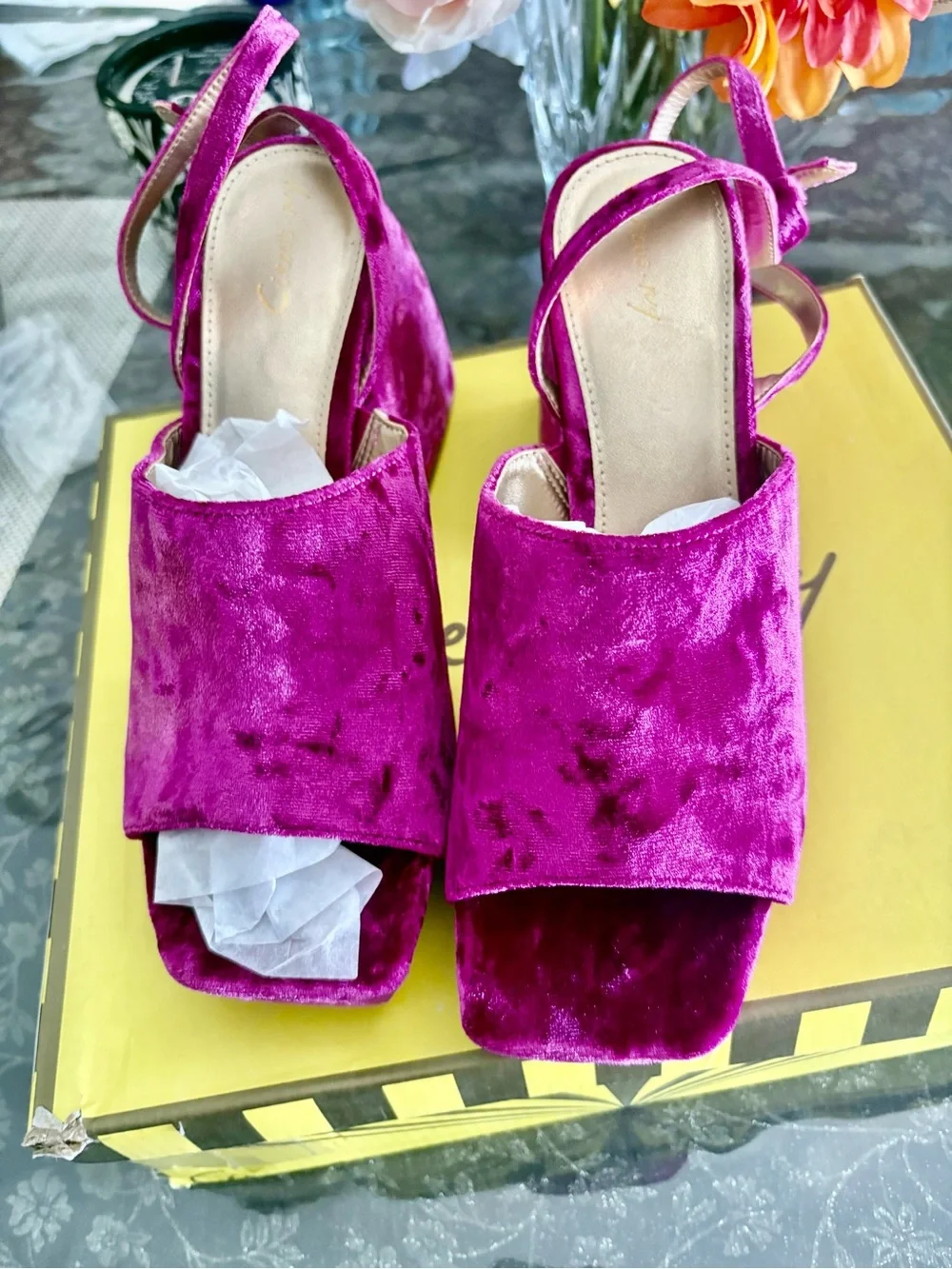 Circus NY Crushed Velvet Platform Wedge Sandals in Magenta 8